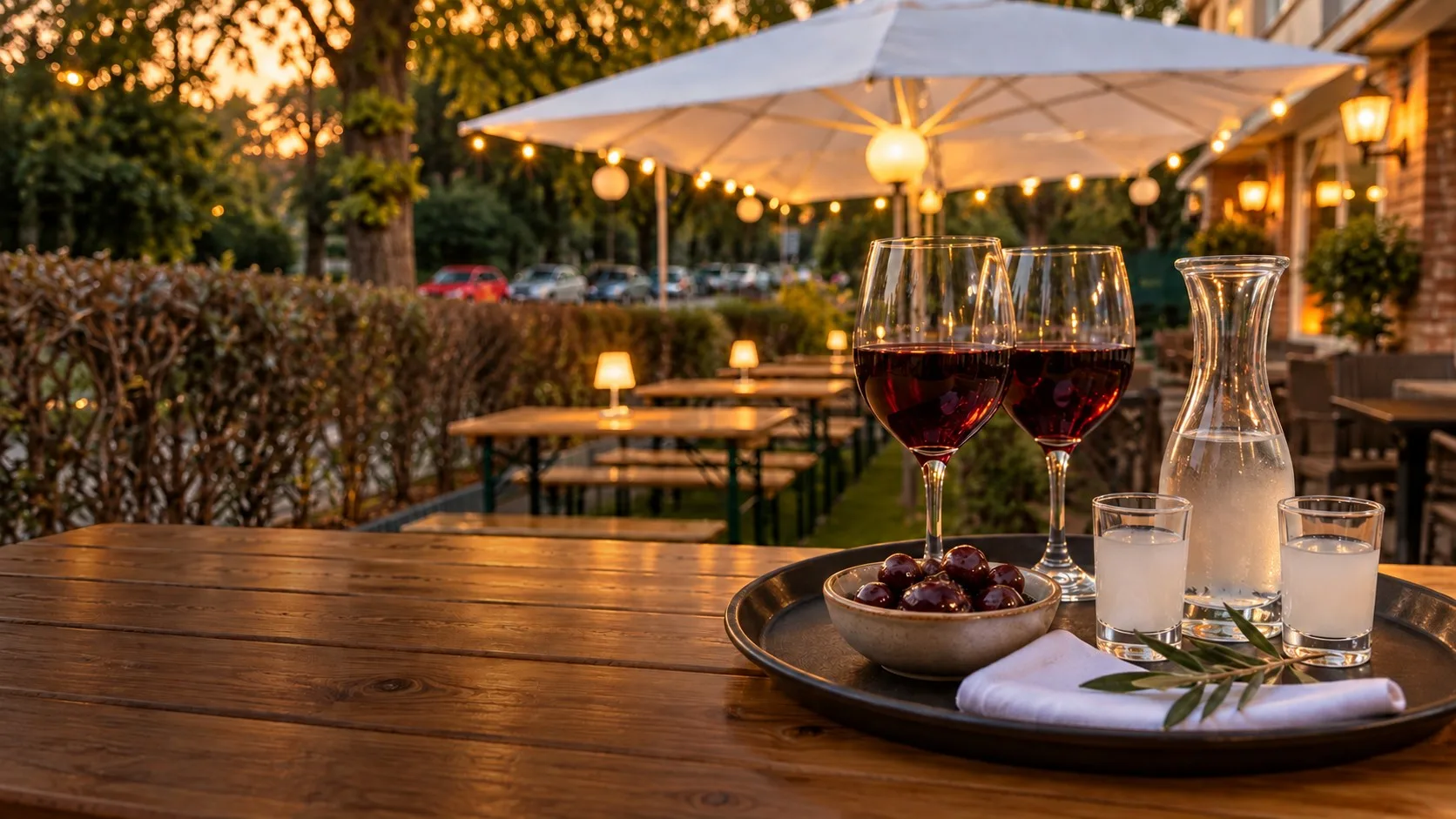 Zwei Gläser Rotwein, Ouzo und Oliven auf einem Tablett, dahinter die Terrasse mit Sonnenschirmen und Lichterketten am Abend